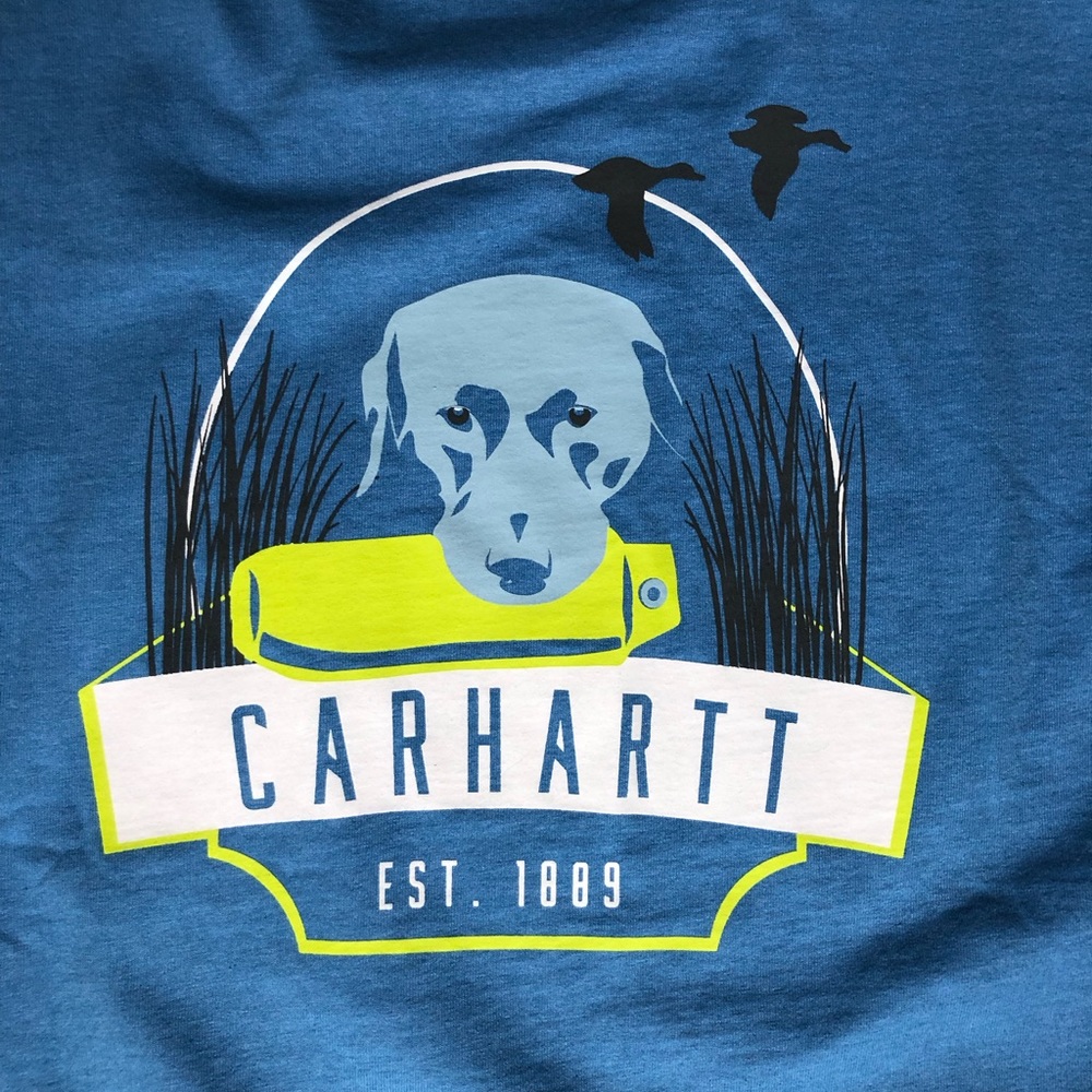 Carhartt Mens Short Sleeve Pocket T Shirt XLarge Blue Loose Fit Dog Hunt Graphic